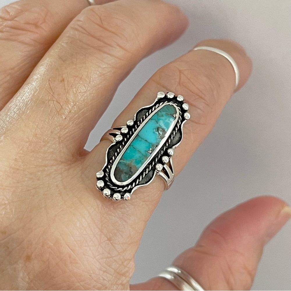 Sterling Silver Long Oval Genuine Turquoise Ring, Boho Jewelry, Silver Rings